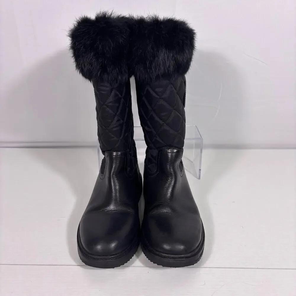 Tory Burch Joey Black Quilted Rabbit Fur-Trim Boots Wool Lining Size 7.5